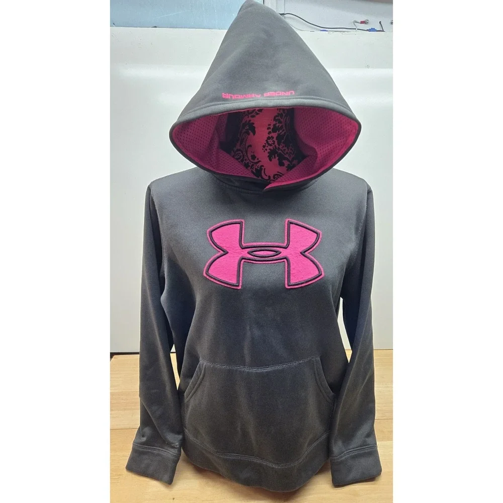 Under Armour UA Storm Hoodie Youth XL Dark Gray, Pink Logo Loose Pullover